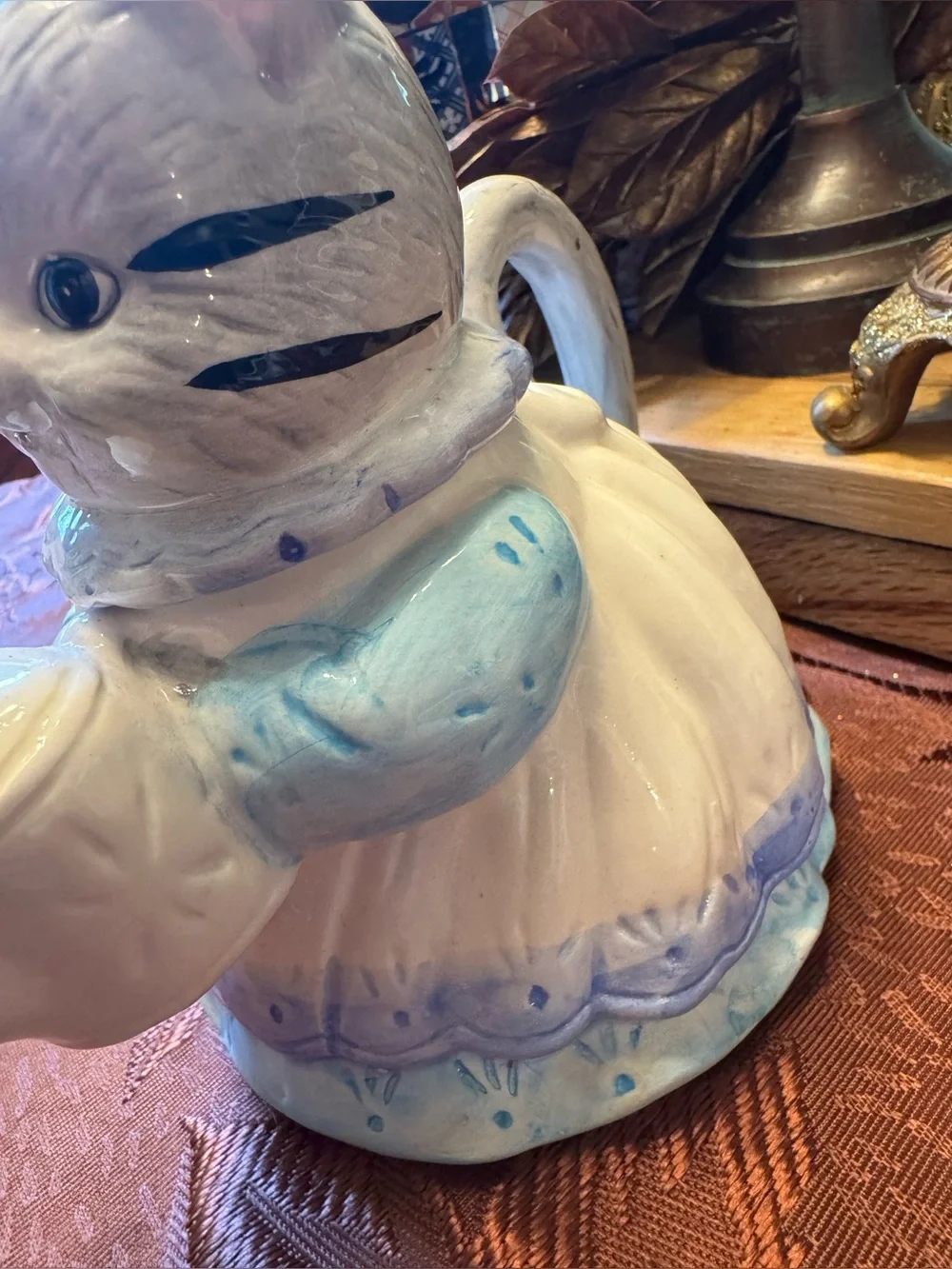 Vintage 80s 90s Takahashi SF Ceramic Gray Tabby Cat Teapot or Tea Pot Blue White